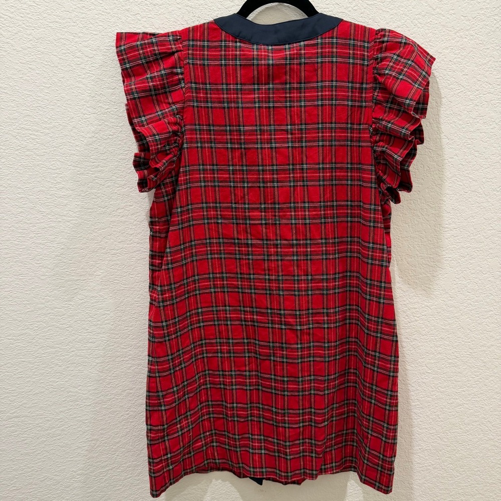 Entro Red Plaid Ruffle Sleeve Mini Dress Navy Bow Accent Gold Button Front L - Picture 5 of 5